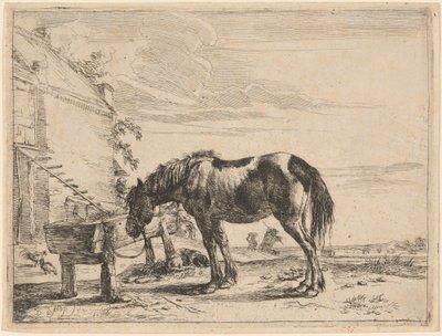 En hest bundet til et fodertrug af Dirck Stoop