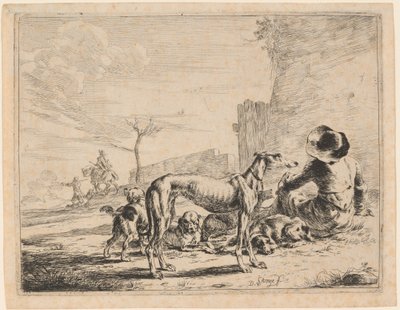 En siddende mand med en flok hunde af Dirck Stoop