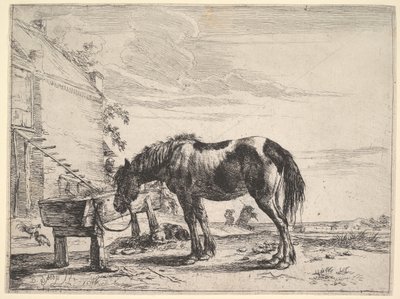 Hest bundet til et fodertrug. af Dirck Stoop