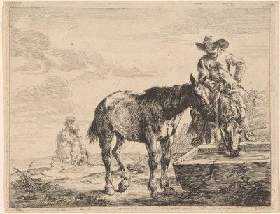 To heste drikker ved et trug af Dirck Stoop