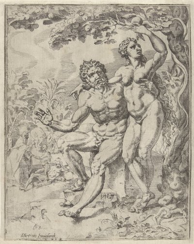 Adam og Eva høster den forbudte frugt Menneskehedens fald og forløsning gennem Kristi liv og lidenskab (serietitel) af Dirck Volckertsz. Coornhert (attributed to)