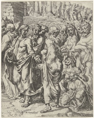 Helbredelse af kvinden, der led af blødning Menneskehedens fald og forløsning gennem Kristi liv og lidenskab (serietitel) af Dirck Volckertsz. Coornhert (attributed to)