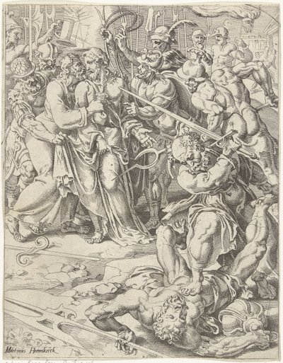 Judas Kys og Kristi arrestation Menneskehedens fald og forløsning gennem Kristi liv og lidenskab (serietitel) af Dirck Volckertsz. Coornhert (attributed to)