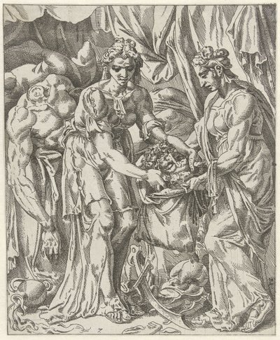 Judit lægger Holofernes hoved i en pose Judit og Holofernes (serietitel) af Dirck Volckertsz. Coornhert (attributed to)