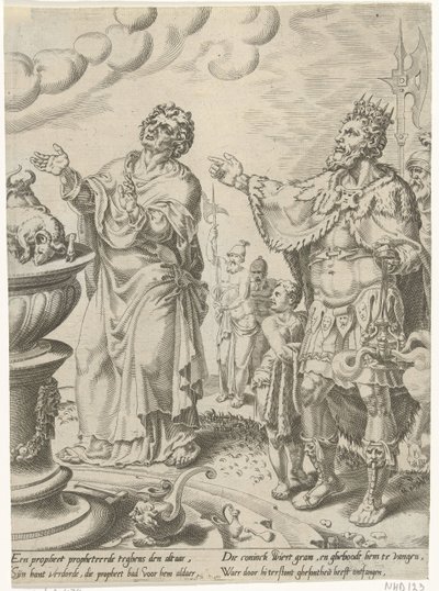Kong Jeroboam og Guds mand foran alteret Historien om den ulydige Guds mand (serietitel) af Dirck Volckertsz. Coornhert (attributed to)