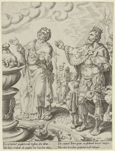 Kong Jeroboam og Guds mand foran alteret Historien om den ulydige Guds mand (serietitel) af Dirck Volckertsz. Coornhert (attributed to)