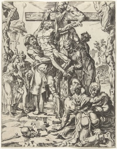 Nedstigning fra korset Menneskehedens fald og forløsning gennem Kristi liv og lidenskab (serietitel) af Dirck Volckertsz. Coornhert (attributed to)