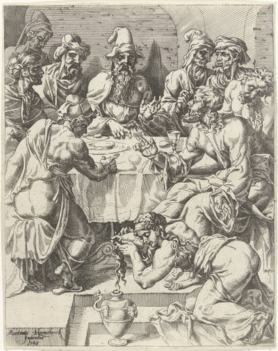 Maria Magdalene vasker Kristi fødder Menneskehedens fald og forløsning gennem Kristi liv og lidenskab (serietitel) af Dirck Volckertsz. Coornhert (attributed to)