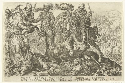 Tilfangetagelse af Frans I i slaget ved Pavia, 1525 Victories of Charles V (serietitel) Divi Caroli. v. imp. opt. max. victoriae, ex multis praecipuae (serietitel) af Dirck Volckertsz. Coornhert (possibly)