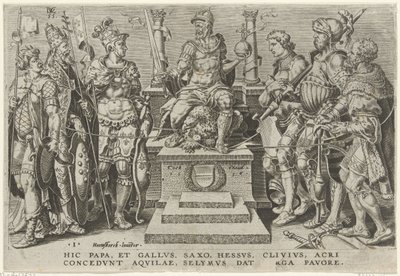 Kejser Karl V omringet af sine besejrede modstandere Victories of Charles V (serietitel) Divi Caroli. v. imp. opt. max. victoriae, ex multis praecipuae (serietitel) af Dirck Volckertsz. Coornhert
