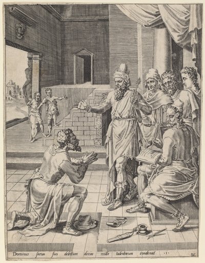 Kongen eftergiver sin tjener sin gæld af Dirck Volckertz Coornhert after Maerten van Heemskerck