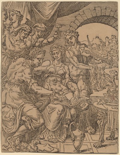 Den fortabte søn, der spilder sin arv på skøger af Dirck Volckertz Coornhert after Maerten van Heemskerck