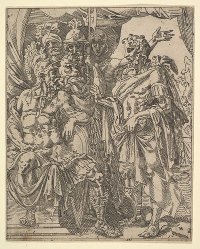 Achior bønfalder Holofernes for israelitterne, fra Historien om Judith og Holofernes. af Dirck Volkertsen Coornhert