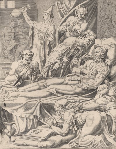 Den rige mand på sit dødsleje, fra Lignelsen om Lazarus og den rige mand, plade 2, 1551. af Dirck Volkertsen Coornhert