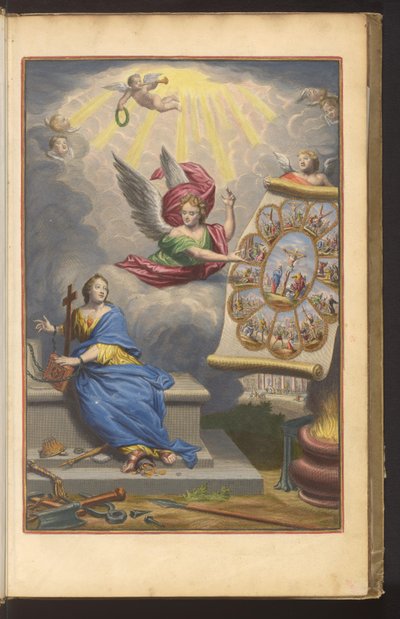 Titeltryk med engel, der viser lænket tro Kristi martyrium og de tolv apostle l