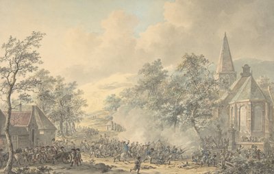 Kampscene med kirke til højre, ca. 1790-1800. af Dirk Langendijk