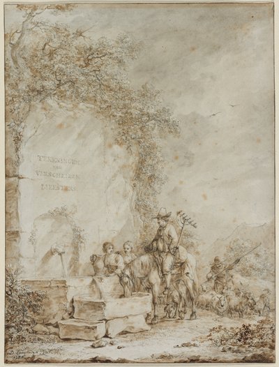 Frontispice til et album med tegninger: Bønder ved en springvand, 1784. af Dirk Langendyk