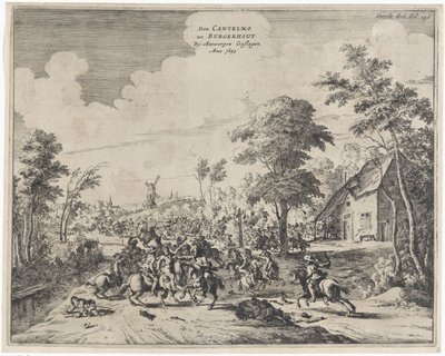 Spanierne under Don Cantelmo besejrede ved Borgerhout, 1643 Don Cantelmo tot Burgerhout Af Antwerp Struck Anno 1643 (titel på objekt) af Dirk Stoop