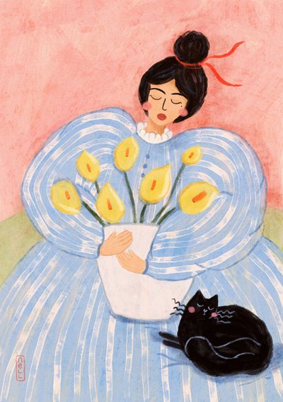Kvinde med blomster og kat af Dirkie Nell