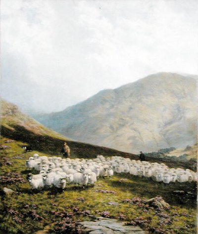 Shepherd and Sheep, Perthshire (olie på lærred) af Dixon Clark