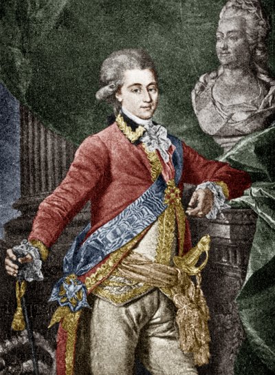 Alexander Dmitrievich Lanskoy (1758-1784) russisk militær, elsker af Katarina II af Rusland, kobberstik farvelagt dokument af Dmitri Grigor