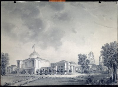 Udsigt over Ostankino-paladset, Moskva (Udsigt over Ostankino-paladset) - Værk af Dmitri Nikiforovich Martynov (1826-1889), blyant på papir af Dmitri Nikiforovich Martynov