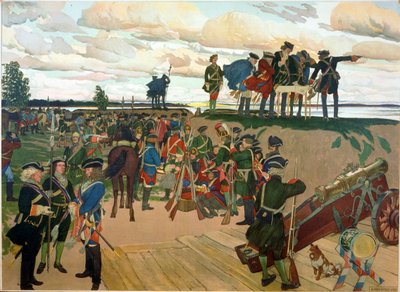 Grundlæggelse af Sankt Petersborgs fæstning af Peter I den Store (1672-1725) i det 18. århundrede. (Grundlæggelsen af ​​fæstningen St. Petersborg). Værk af Dmitri Nikolayevich Kardovsky (Kardovski) (1866-1943), litografi af Dmitri Nikolayevich Kardovsky