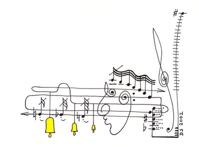 Elegy - tegning af et musikalsk partitur, hvor noderne danner et ansigt, og klokkerne hænger ned fra noderne af Dmitri Smirnov