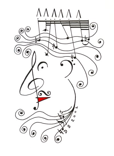 Musikkens konge - en karikatur af et hoved med en krone tegnet ved hjælp af musikalske notationer af Dmitri Smirnov
