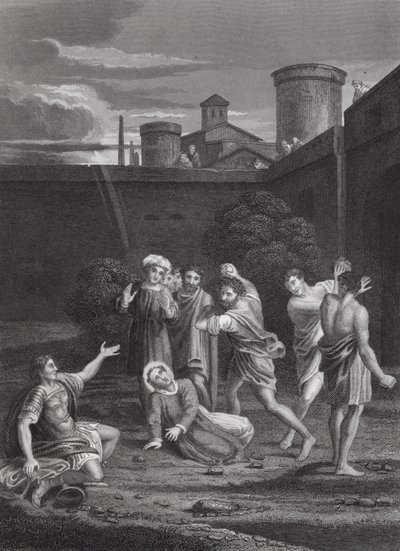 Steningen af Sankt Stefanus, Apostlenes Gerninger, kapitel VII, vers 54, 60 (gravering) af Domenichino (1581 1641) (after)