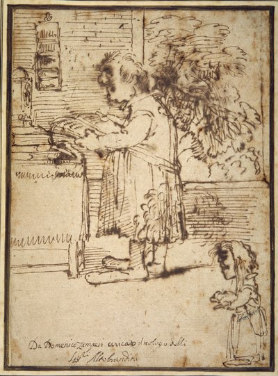 Karikatur af Aldobrandini-teologen, med en kvindelig dværg, der holder sin hund (pen og blæk på papir) af Domenichino