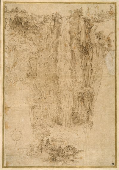 Landskab med en kaskade; Ved foden, to mænd, en monteret (pen & brun blæk på papir) af Domenichino