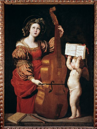 Sankt Cecilia med en engel, der holder et partitur (olie på lærred af Domenichino