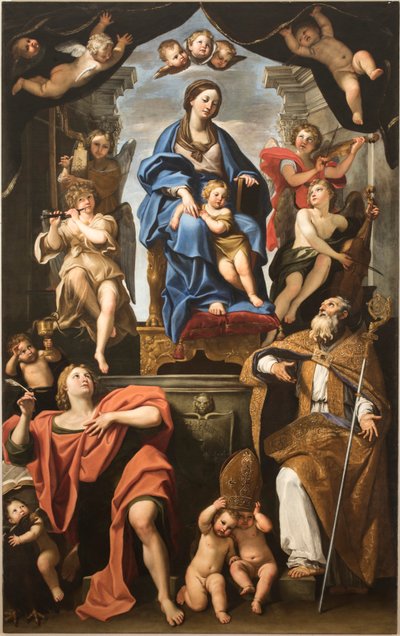 Jomfru og barn med de hellige Petronius og Johannes evangelisten, 1625-1629. af Domenichino