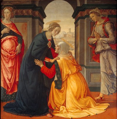 Besøg: Jomfru Maria besøger Elisabeth, mellem Marie Jacobie og Marie Salome, vidner til korsfæstelsen og opstandelsen, Maleri af Domenico Ghirlandaio (1449-1494) 1491 af Domenico Ghirlandaio