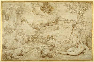 Landskab med Roger og Angelica, fra "Orlando furioso", X, efter Tizian (pen og brun blæk på papir) af Domenico (attr. to) Campagnola