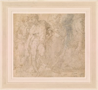 Beccafumi - Stående mandlig nøgen blandt en gruppe figurer, en af dem liggende, ca. 1530-1540 af Domenico Beccafumi