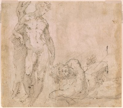 Beccafumi - Verso mandlig nøgenfigur, der læner sig op ad en træstamme, og en liggende mandlig nøgenfigur med tilbagelænet hoved, ca. 1530-1540 af Domenico Beccafumi
