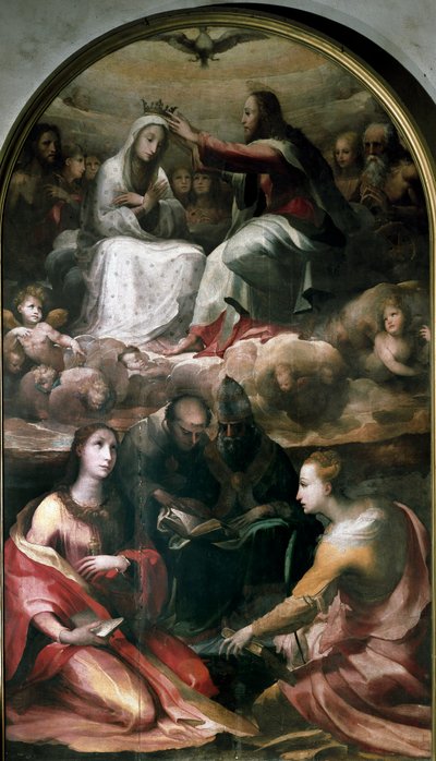 Kristus, der kroner Jomfru Maria og fire hellige (Saint Mary Magdalene, Saint Anthony of Padua (San antonio di padova), Pave Saint Gregoire I eller The Great and Saint Catherine of Alexandria). Maleri af Domenico Beccafumi (1486-1551) af Domenico Beccafumi