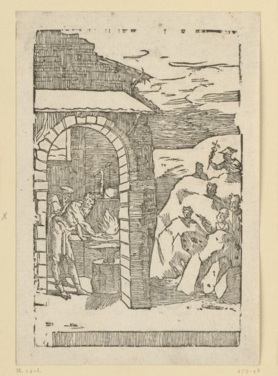 Metallernes kald. Hefaistos (Vulkan) og en lærd står ved ilden i en smedje, mens guderne (som repræsentanter for metallerne) er skjult ude i klipperne: Saturn (bly), Jupiter (tin), Venus (kobber), Luna (sølv), Merkur (kviksølv af Domenico Beccafumi