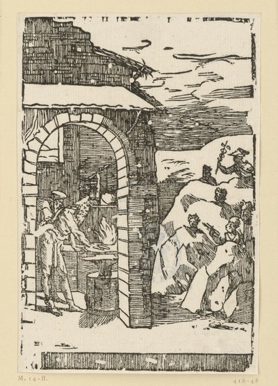 Metallernes kald. Hefaistos (Vulkan) og en lærd står ved ilden i en smedje, mens guderne (som repræsentanter for metallerne) er skjult ude i klipperne: Saturn (bly), Jupiter (tin), Venus (kobber), Luna (sølv), Merkur (kviksølv af Domenico Beccafumi