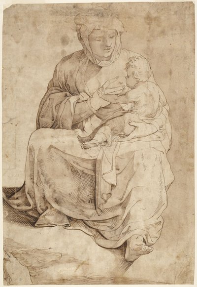 Siddende Madonna, der ammer barnet, fra et indlagt gulvpanel i Siena Duomo af Domenico Beccafumi