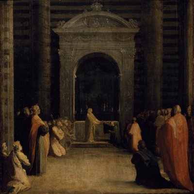 Tilbuddet af nøglerne til byen Siena til jomfruen, på eller efter 1526 (olie på papir på træpanel) af Domenico Beccafumi