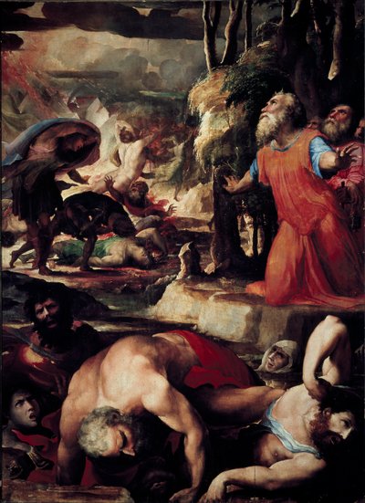 The Punishment of Core (Kore), Dathan (Datan, Nathan) og Aboron (Abiram) (The Punishment of Celestial Fire, episode af levitternes oprør mod Moses og lovens autoritet). Maleri af Domenico Beccafumi (1486-1551) af Domenico Beccafumi
