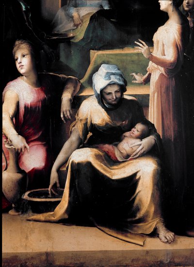 Jomfruens fødsel. Detalje, der viser en stuepige med den nye do. Maleri af Domenico Beccafumi (1486-1551), omkring 1540-1543. træ. Mål: 233x145 cm. Italien, Siena, National Pinacotheque (Siena, Pinacoteca Nazionale) af Domenico Beccafumi