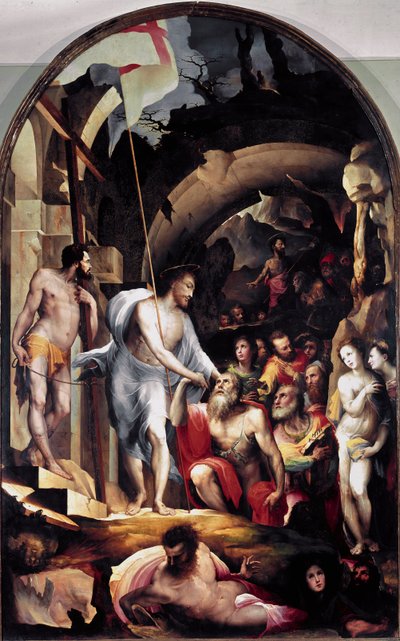 Kristi nedstigning til limbo. Han holder et hvidt banner slået med et rødt kors, et symbol på opstandelsen. Maleri af Domenico Beccafumi (1486-1551) af Domenico Beccafumi