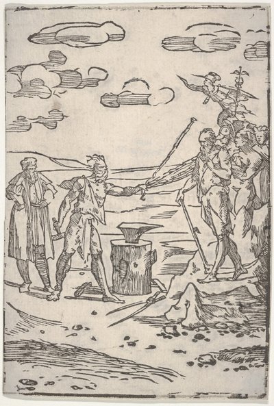 Forfalskeren står ved en ambolt og trækker en mand i lænker, fra serien The var..., ca. 1540-1550. af Domenico di Pace Beccafumi  