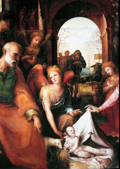 Fødselen, detaljen. Maleri af Domenico Beccafumi (1486-1551) af Domenico Beccafumi