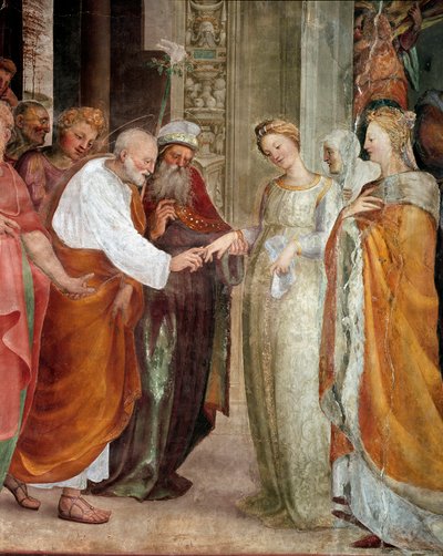 Jomfruens bryllup, detalje. Maleri af Domenico Beccafumi (1486-1551) af Domenico Beccafumi