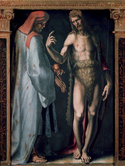 Treenighedens Triptykon, Detalje venstre panel: Sankt Cosimo (Kom eller Cosimo) og Sankt Johannes Døberen. Maleri af Domenico Beccafumi (1486-1551) af Domenico Beccafumi